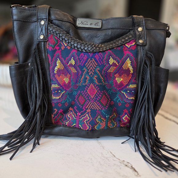 Nena & Co. Handbags - Nena & Co. Black Tote with Vibrant Pattern and Fringe